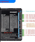 Close-up of DMA860S 2-Phase Stepper Driver for CNC routers showing settings and connections, AC 18 to 110 V and DC 18 to 160 V input.