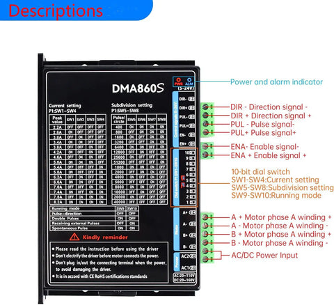 Close-up of DMA860S 2-Phase Stepper Driver for CNC routers showing settings and connections, AC 18 to 110 V and DC 18 to 160 V input.