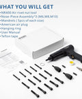 Rivet Nut Gun For M6 M8 M10 With Air Driven Pull Setter, mandrels, nose pieces, manual, and packaging.