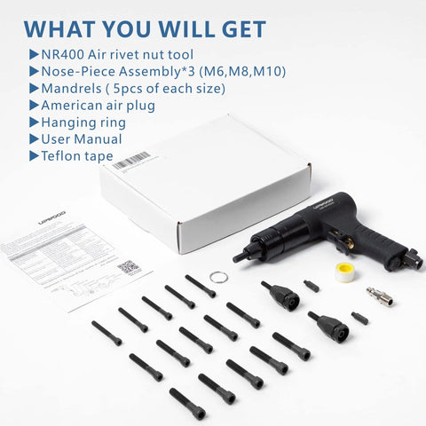 Rivet Nut Gun For M6 M8 M10 With Air Driven Pull Setter, mandrels, nose pieces, manual, and packaging.