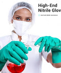 Top Tier Chemical Resistant Nitrile Gloves Medium Single Pair, user in lab handling liquid with ergonomic grip.