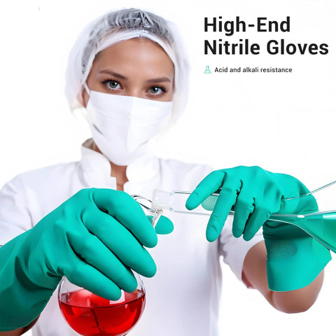 Top Tier Chemical Resistant Nitrile Gloves Medium Single Pair, user in lab handling liquid with ergonomic grip.