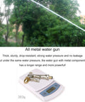 Straight Up Premium Stainless Steel Garden Hose Cart With Forty Meter High Pressure Thick Wall Hose Quick Connects Brass Spray Gun and Inlet Adapter Wall Mountable Retractable Holder For Car Washing, metal water gun with strong water pressure in use.