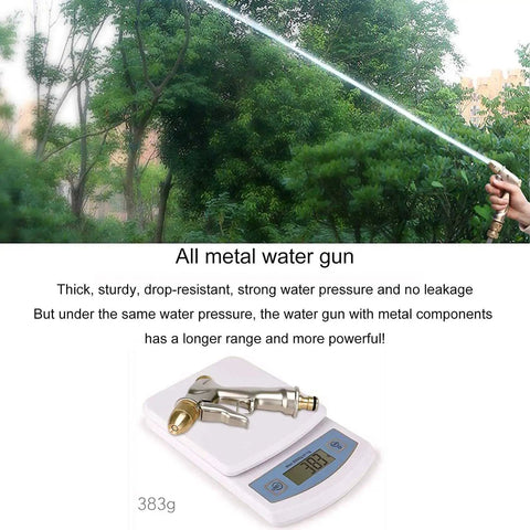 Straight Up Premium Stainless Steel Garden Hose Cart With Forty Meter High Pressure Thick Wall Hose Quick Connects Brass Spray Gun and Inlet Adapter Wall Mountable Retractable Holder For Car Washing, metal water gun with strong water pressure in use.