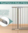 29-40 Inch Metal Baby Gate With Grey Wood Pattern, Easy Install Pressure Mounted Gate for Stairs and Doorways shown with details