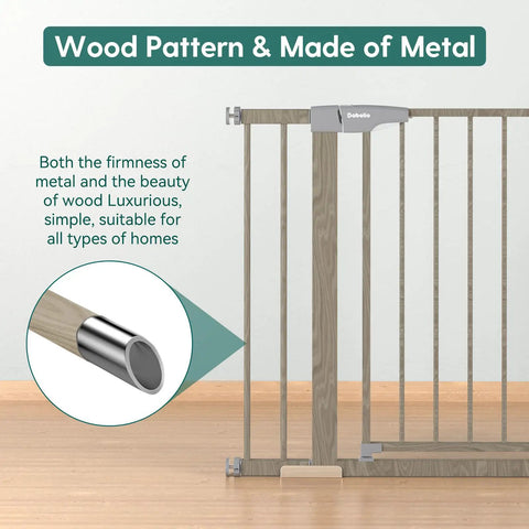 29-40 Inch Metal Baby Gate With Grey Wood Pattern, Easy Install Pressure Mounted Gate for Stairs and Doorways shown with details