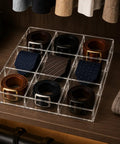 Keep Your Gear Legit With This Stackable Acrylic Belt Organizer Featuring Nine Roomy Compartments For Belts Ties Wallets Watches And Scarves, clear rack with belts and ties.