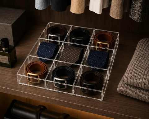 Keep Your Gear Legit With This Stackable Acrylic Belt Organizer Featuring Nine Roomy Compartments For Belts Ties Wallets Watches And Scarves, clear rack with belts and ties.