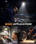 Dual Sided Magnetic Work Light With 2400 Lumens Rechargeable Power Stepless Dimming 2700K To 8000K Color Temperature 360 Degree Rotating Stand And Built In Hook Up To 80 Hours Runtime used for car repairs and electrical work at night time.