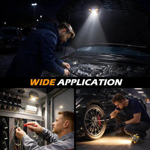 Dual Sided Magnetic Work Light With 2400 Lumens Rechargeable Power Stepless Dimming 2700K To 8000K Color Temperature 360 Degree Rotating Stand And Built In Hook Up To 80 Hours Runtime used for car repairs and electrical work at night time.