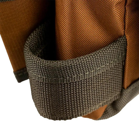 Close-up of reinforced pouch bottom on Two Bag Brown Tool Belt With Reinforced Pouch Bottoms, Barrel-Style Pouches, Infinity Belt