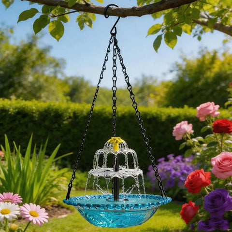 Sun Powered Cascade Hanging Bird Bath Fountain For Gardens And Backyards With Flowing Water In Direct Sunlight No Wires Needed Easy Setup Durable Blue Finish For Outdoor Decor Yard Ready.