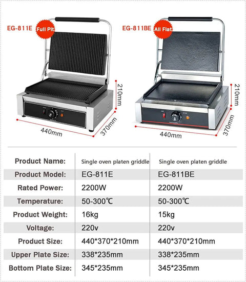 Heavy Duty Electric Panini Press Grill With Non Stick Plates And Adjustable Temp Control For Perfect Sandwiches, Toasters, And Commercial Kitchen Use At Home, showing two models.