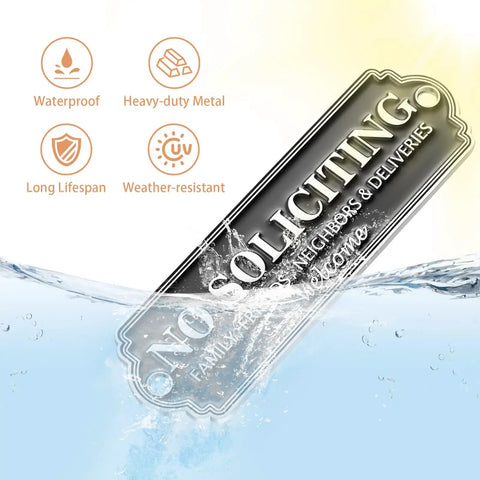 Solid Brass No Soliciting Sign For Home And Office submerged in water, demonstrating weatherproof and durable qualities, elegant black finish.