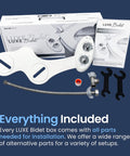 Neo 185 Dual Nozzle Bidet Attachment For Toilet Seat Non Electric Self Cleaning product with installation parts and manual.