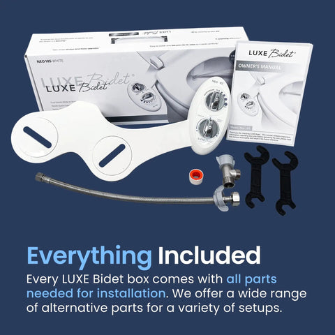 Neo 185 Dual Nozzle Bidet Attachment For Toilet Seat Non Electric Self Cleaning product with installation parts and manual.
