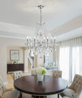 Mini Crystal Chandelier With K9 Crystals, Chrome Finish, 5 E12 Bulbs in dining room setting, modern glam style