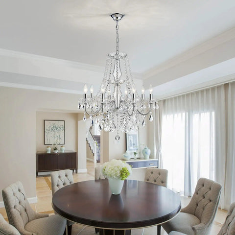 Mini Crystal Chandelier With K9 Crystals, Chrome Finish, 5 E12 Bulbs in dining room setting, modern glam style