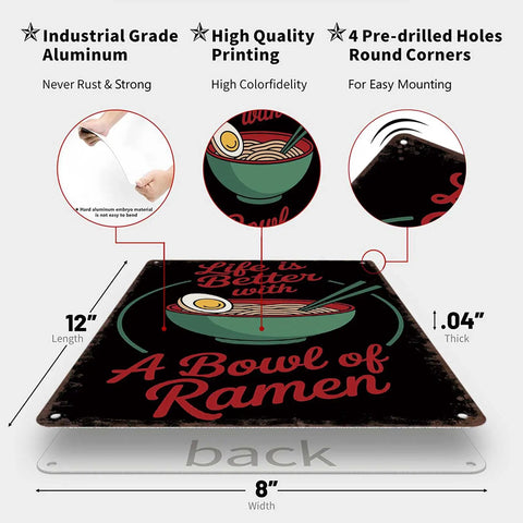 Life Is Better With Ramen Bowl Vintage Metal Sign Tin Wall Art Poster For Home Kitchen Office Garage Decor 8x12 Inch