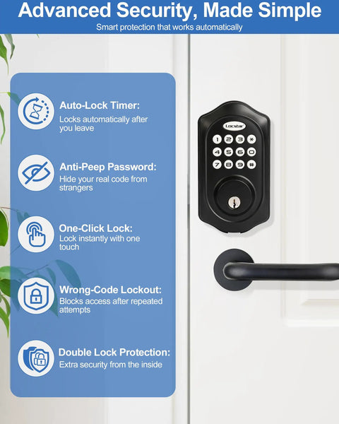 Hassle Free Keyless Entry Door Lock With Glowing Backlit Keypad And Smart Bluetooth App Control In Classy Matte Black Finish showing auto-lock features.