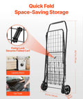 Folding Shopping Cart With Dual Baskets And Waterproof Liner, folded with dimensions showing, easy storage in laundry room or car trunk.