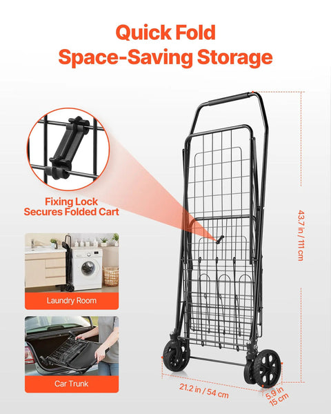 Folding Shopping Cart With Dual Baskets And Waterproof Liner, folded with dimensions showing, easy storage in laundry room or car trunk.