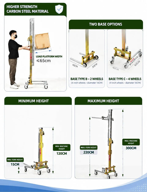 Compact Material Lift Stacker With Manual Winch Forklet offers easy heavy-duty lifting for small loads up to 80kg, showcasing height options.