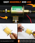 12V Electric Fuel Transfer Pump Kit With Case 30 GPH Inline Pump For Gasoline Or Diesel Self Priming With Filter Easy Transfer For Cars Boats Lawn Mowers And Carburetors, showing the fuel pump with filter components and assembly instructions.