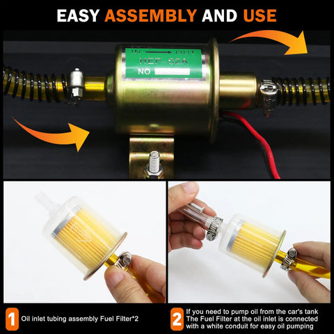 12V Electric Fuel Transfer Pump Kit With Case 30 GPH Inline Pump For Gasoline Or Diesel Self Priming With Filter Easy Transfer For Cars Boats Lawn Mowers And Carburetors, showing the fuel pump with filter components and assembly instructions.
