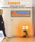 Portable 1500W Electric Outdoor Heater For Patio And Garage 2S Rapid Heating Overheat Protection Thermostat No Fuss Space Heater Outdoor Greenhouse Tent Room Indoor Use. Image shows heater warming indoor space with temperature chart.