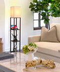 Maxwell Charger Shelf Floor Lamp With USB Ports And Electrical Outlet, modern corner display lamp, Havana Brown, in living room