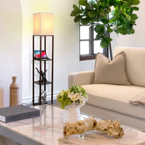 Maxwell Charger Shelf Floor Lamp With USB Ports And Electrical Outlet, modern corner display lamp, Havana Brown, in living room