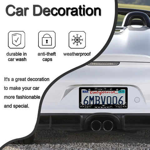 Dope Aluminum Anime Soot Sprites License Plate Frame for Cars Cute Car Accessory for Women and Men Standard US Size Fits Twelve Point Two By Six Inches Black Pattern License Plate Holder on white car rear view