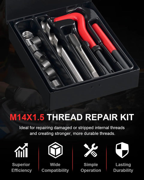 Front view of Kolvoii M14X1.5 thread repair kit in carry case with HSS drill bit and thread inserts