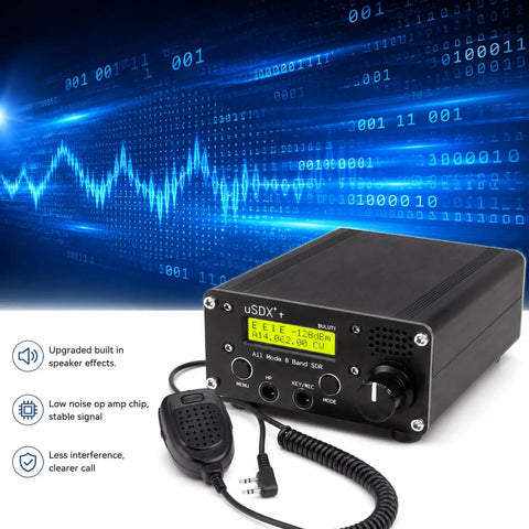 8 Band Shortwave Radio Transceiver With LCD Display, Portable HF SSB SDR QRP Ham Radio For Amateur Operators, with microphone and wave graphics