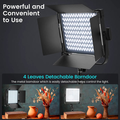 Two Pack RGB Photography Lighting Kit With 50W Bi Color LED Pro Grade Studio Lights 2300K To 8500K Dimmable, shown with detachable barn door