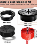 Slick Black Desk Grommet Kit Featuring Eight Two Inch Abs Covers And Soft Rubber Liners Plus Precision Hole Saw For Straight Up Clean Cord Organization On Office Furniture showing hard shell and soft liner grommets.