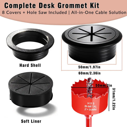 Slick Black Desk Grommet Kit Featuring Eight Two Inch Abs Covers And Soft Rubber Liners Plus Precision Hole Saw For Straight Up Clean Cord Organization On Office Furniture showing hard shell and soft liner grommets.