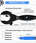 Ratcheting Tubing Cutter For Copper And Metal Pipes 5/16 To 1 1/8 Inch 2 In 1 Close Quarters Cutter With Deburring Tool And 4 Replacement Cutter Heads Boxed Set For Fast Clean Cuts In Tight Spaces, 6.9 inch