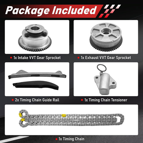Package components of 2.0L Timing Chain Kit With Camshaft Sprockets for Hyundai Elantra 2017 to 2020 and Kia Forte 2017 to 2022