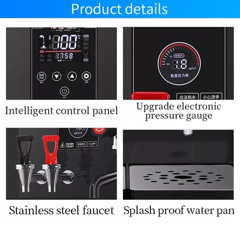 Intelligent control panel and pressure gauge on the Top Shelf Electric Coffee Frothing Machine And Automatic Milk Steamer Built With Heavy Duty Stainless Steel For Pro Level Smooth Foam And Barista Grade Shots In Matte Black.