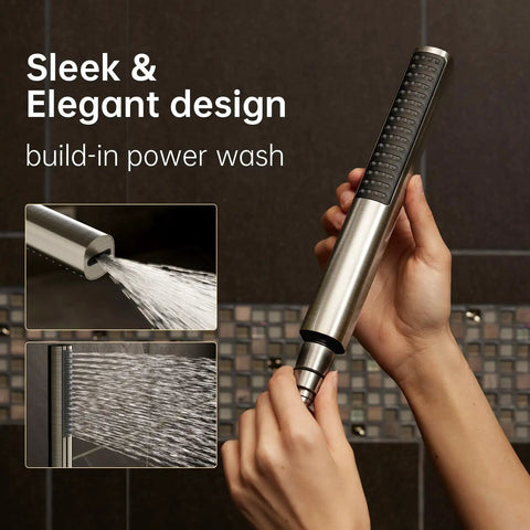 Sleek handheld shower head from 12 Inch Dual Rain Shower Head Combo With 5 Settings High Pressure Handheld Matte Black Rainfall Shower Head With Adjustable Extension Arm And 70 Inch Hose For Quick Easy Install And Big Water Coverage