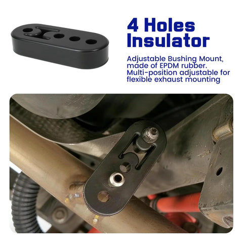 Beefed Up Heavy Duty Rubber Exhaust Hanger Kit 16 Pieces displayed with 4-hole insulator for adjustable exhaust mounting