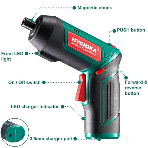 Cordless Electric Screwdriver With 6Nm Torque And 2000mAh Battery USB Quick Charge, magnetic chuck, LED light, control buttons