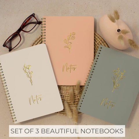 Stylish Aesthetic Spiral Notebook Set Of 3 For Women With Cute College Ruled 8x6 Journals Displayed on Wicker Tray with Glasses