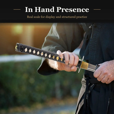 Person holding the Unsharpened Stainless Steel Iaido Training Sword With Twenty Eight And A Half Inch Blade And Bo Hi for practice.