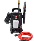 BC111HS Pressure Washer Bundle With 1600 PSI Electric Unit, 1.7 GPM, 16 Lb Weight, Includes accessories and red hose.