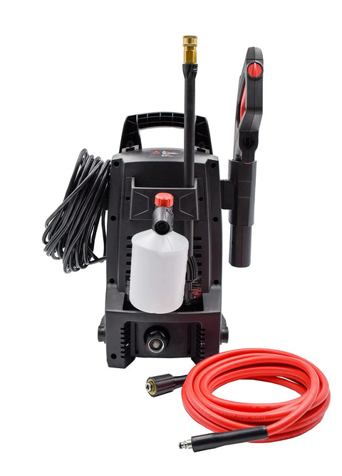 BC111HS Pressure Washer Bundle With 1600 PSI Electric Unit, 1.7 GPM, 16 Lb Weight, Includes accessories and red hose.