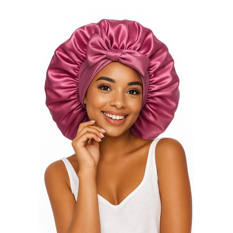 Woman wearing a Dark Pink Silk Sleep Bonnet For Women With Adjustable Straps And Tie Band, Large Hair Wrap for all night comfort