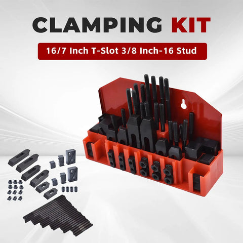 Pro Series Fifty Eight Piece Seven Sixteenths Inch T Slot Clamping Kit with Hardened Hold Down Clamps and Three Eighths Inch Sixteen Threaded Studs